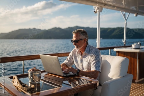  A mid-age male working on laptop computer on deck of a luxury yacht. Remote working concept