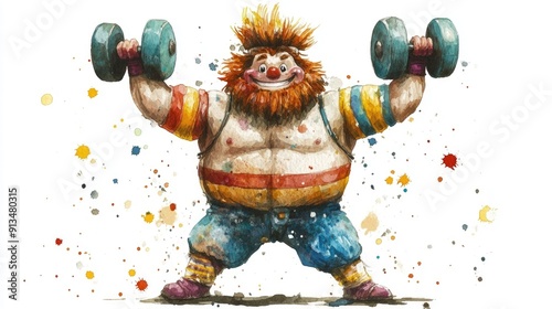 of a cute and muscular strongman character in a watercolor style isolated on a white background The character is depicted lifting weights