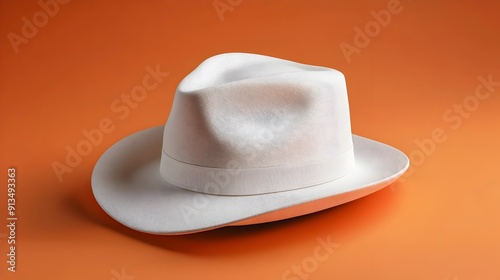 Stylish White Fedora Hat Displaying Elegant Fashion Accessory on Vibrant Orange Background