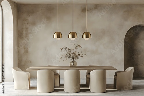 Minimalist interior design of modern dining room with brass pendant lights against beige stucco wall.