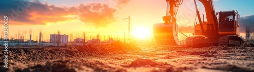 Construction Site with Excavator at Sunset