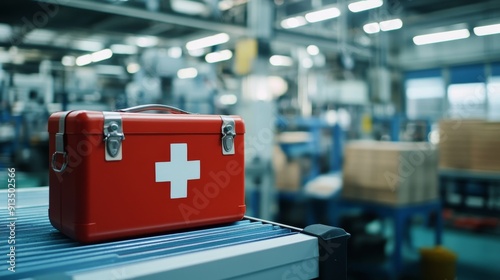 Workplace Safety Essentials: Fully Stocked First Aid Kit in Accessible Location at Industrial Factory