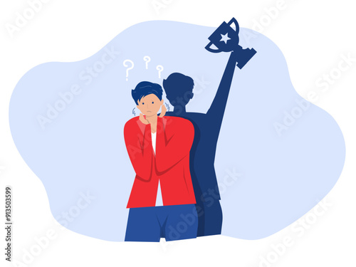 Imposter syndrome.shadow man standing for her present profile take award with Anxiety and lack of self confidence at work; the person fakes is someone else concept