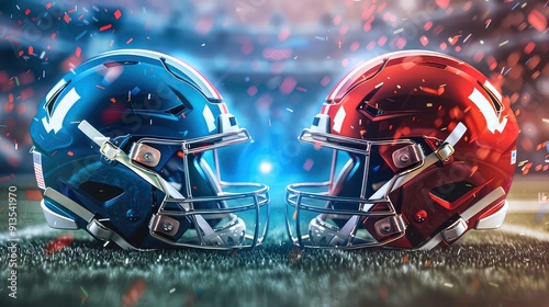 Two American football helmets in blue and orange, with the American flag on the side, are placed side-by-side on a green field, ready for the game.