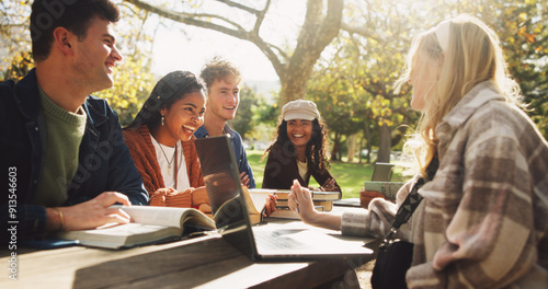 Group, happy and friends studying outdoor on school break, discussion and laughing for funny joke in summer. Smile, people and students with laptop, books and education for bonding together at park