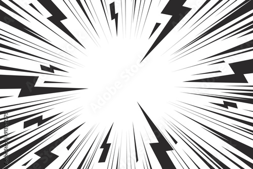 Comic cartoon background with lightning burst effect. Vector manga graphic with flash and abstract thunder. Energy explosion frame with electric light. Radial perspective monochrome beams