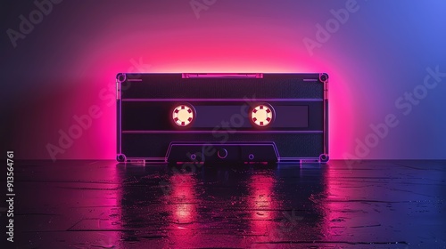 Retro audio cassette against a glowing neon backdrop, evoking nostalgia and the vibrant energy of the '80s music culture.