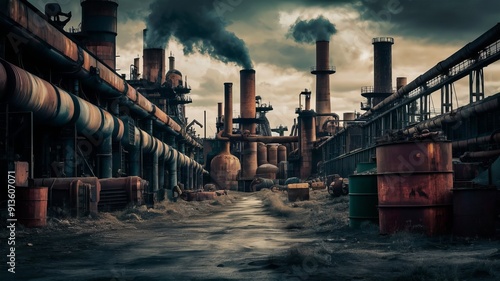 Industrial wasteland with rusty machinery and toxic waste, highlighting industrial pollution.