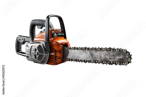 Majestic Chainsaw Resting on Rustic Wood Surface Under Bright Afternoon Sunlight in Serene Forest Environment on Transparent PNG Background.