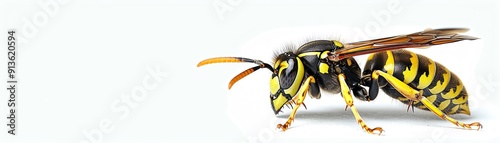 Isolated European wasp, Vespula vulgaris, white background, detailed body structure, photorealistic