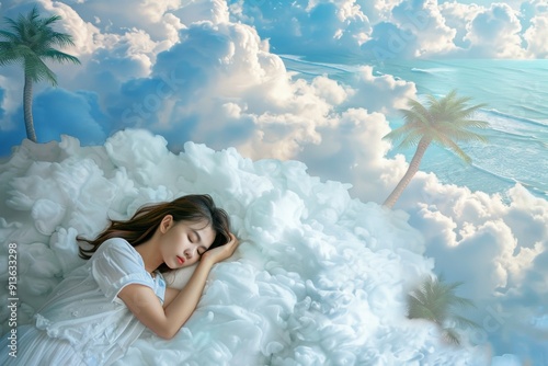 Youthful innocence captured she sleeps exuding pure serenity and calm. Tranquil bed scene encapsulates serene essence of undisturbed repose. Slumber allegory innocence 