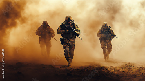 Three soldiers in tactical gear run through a dusty battlefield, creating an intense and dramatic scene with a sense of urgency and action.