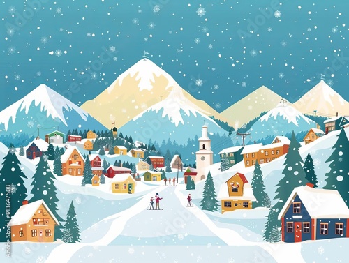 Alpine village backdrop, winter sports event, flat design illustration