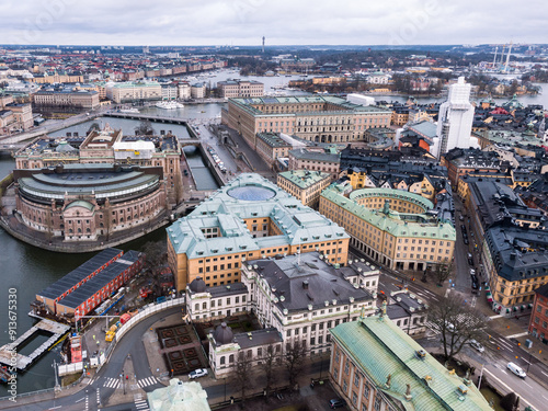 Stockholm, Sweden: Aerial view of the Stockholm Gamla Stan historic district with various landmarks such as the Royal palace and the governement house in, Sweden capital city in winter.