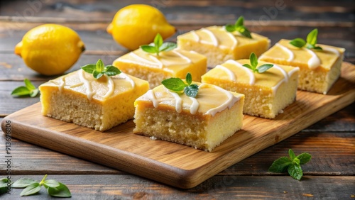 Homemade lemon brownies with a tangy lemon glaze and fresh zest on a rustic cutting board, lemon, brownies, homemade, dessert, sweet