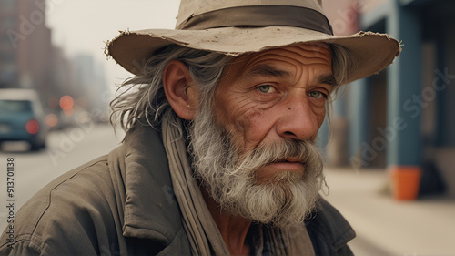 Close-up photo of a homeless man on the roadside