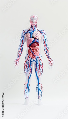 Human body with highlighted circulatory system on solid white background, single object