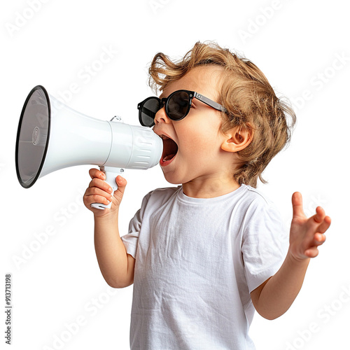 A young boy is holding a megaphone and wearing sunglasses. Concept of fun and playfulness