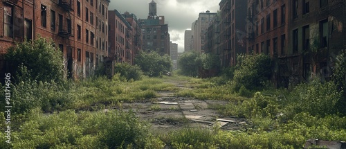 Urban wasteland with abandoned buildings and overgrown vegetation reclaiming the city streets