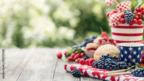 A vibrant display of berries and cookies perfect for patriotic celebrations and summer gatherings, set against a natural backdrop.