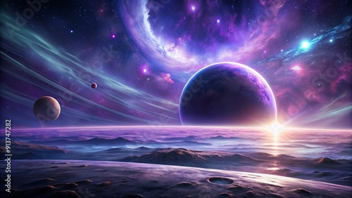 Surreal futuristic space scene with a purple planet , space, futuristic, surreal,purple, planet, stars