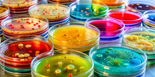 Vibrant colonies of bacteria growth on agar plate medium in a microbiology laboratory, showcasing diverse shapes, sizes, and colors of microbial cultures under controlled conditions.