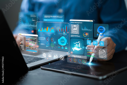 An analyst uses a computer and dashboard for data business analysis and Data Management System, Customers database, gather information to report. Data science technology and digital marketing