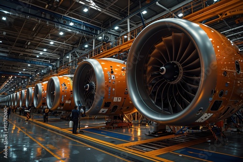 Row of Jet Engines in Production Line. Row of jet engines on an aircraft factory production line, illustrating the scale of industrial aviation manufacturing.