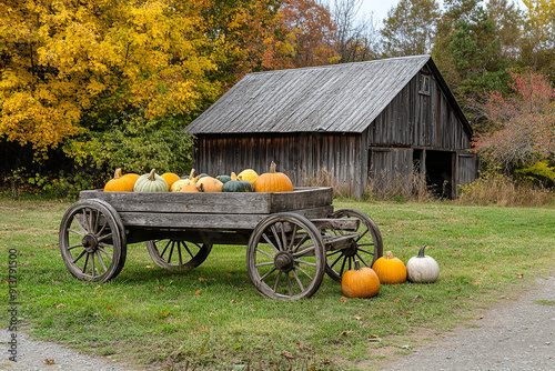 Rustic Autumn Harvest with Pumpkins and Old Wooden Cart 