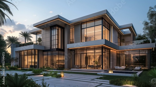 A luxurious contemporary mansion illuminated by the evening sun, offers a sleek, modern design nestled among lush palms.