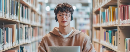 Young student studying with laptop and headphones in a library, surrounded by bookshelves, focused on his work.