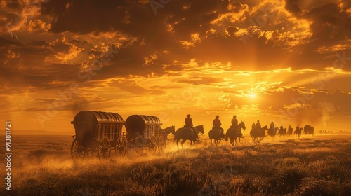 Wild West Caravan at Dawn: Wagons and Horseback Riders Across Prairie Under Golden Sunrise