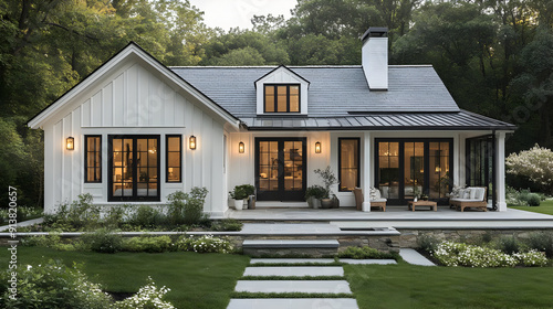 Modern farmhouse with black windows and a stone patio.