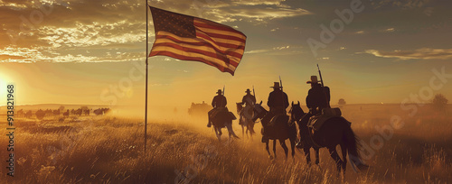 Wild West Cavalry Unit on Horseback with American Flag at Sunset - Patriotic Vigilance and Readiness