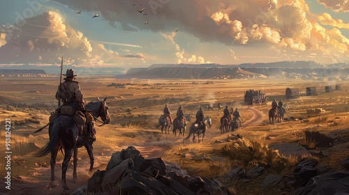 Wild West Cavalry Patrolling Open Plains with Soldiers on Horseback and Wagon Train in Distance