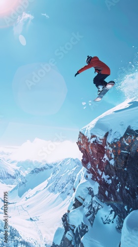 A snowboarder is mid-air, performing a trick after jumping off a snow-covered cliff in the mountains. They are wearing a red jacket and are surrounded by a beautiful, snowy landscape. The sky is brigh