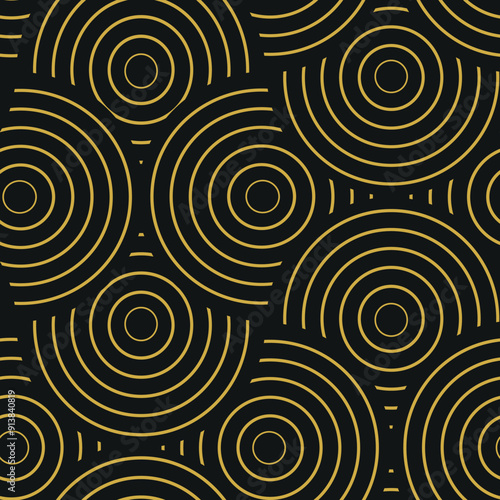 Art Deco Golden Overlapping circles in line art style seamless pattern on black background. For wallpaper, textile and home décor