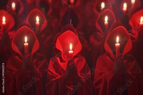 Hooded figures clad in red robes hold candles in a dark setting, creating an atmosphere of mystery, ritual, and anticipation.