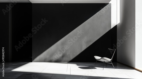 Minimalist black and white room with a single chair and dramatic lighting