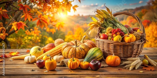 Basket Of Pumpkins, Apples and Corn on Harvest Table with Field Trees and Sky Background - Thanksgiving background