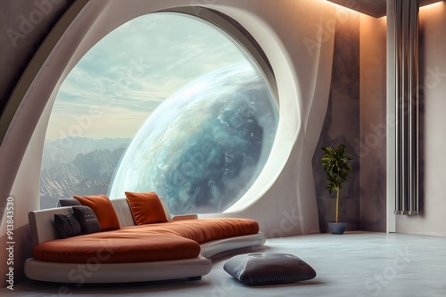 A simple futuristic living room looking out on a foreign planet