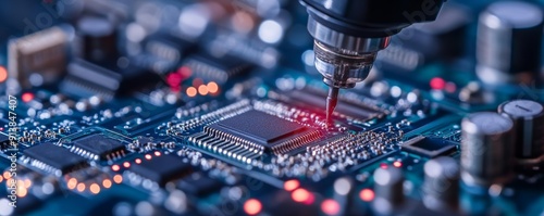 Precision robotic arm soldering microchips, AI technology, electronic manufacturing, high detail