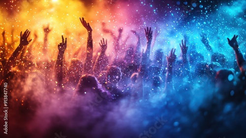 Vibrant scene of a DJ set at a lively party, with a crowd of people dancing under colorful lights and confetti. Ideal for themes of nightlife, music events, and entertainment. 