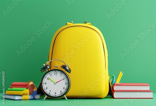 3D Rendering of a Yellow Backpack with an Alarm Clock and School Supplies on a Green Background: Back to School Concept 