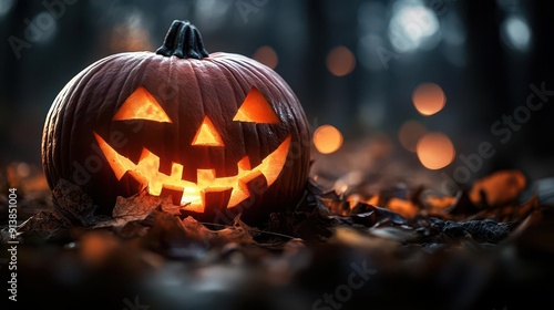 Halloween jack-o'-lantern, vibrant colors, spooky scenes, close-up, inviting