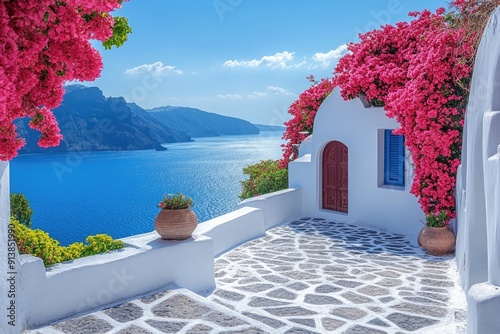 Whitewashed patio overlooking aegean sea with blooming bougainvillea in santorini, greece