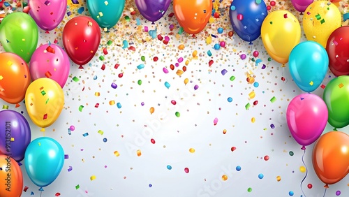 Balloons and confetti border. Birthday or white background.