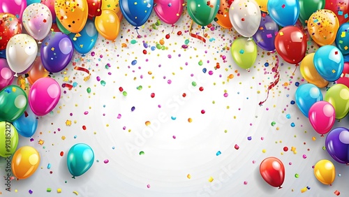 Balloons and confetti border. Birthday or white background.