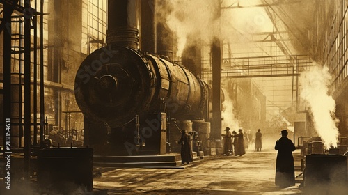 Industrial Revolution Nostalgia: Vintage Factory with Steam Engines and Workers in Sepia Tones