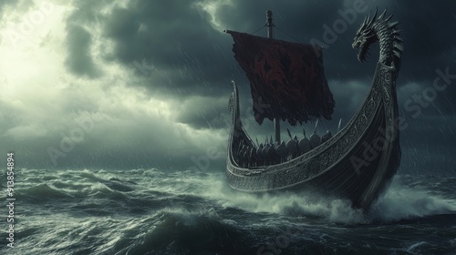 Majestic Viking Longship Battling Stormy Seas with Warriors, Dragon Prow, and Dark Skies